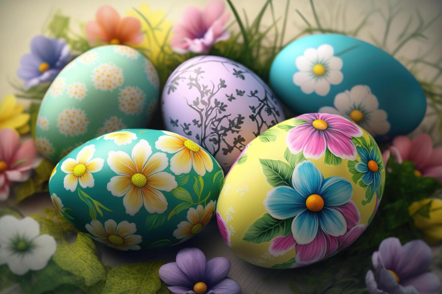 Colorful Easter eggs with flowers decor on them. Flowers around on green grass background. Greeting card for Easter holidays. photo