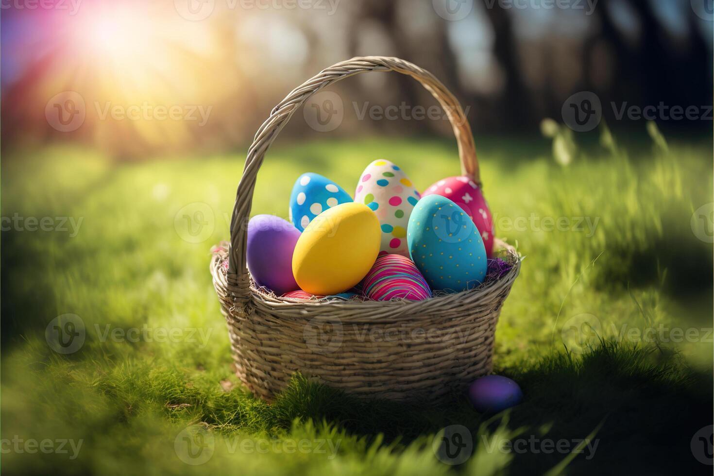 Colorful painted Easter eggs in wicker basket outdoor in sun light on green grass. Greeting card for Easter holidays. AI Generated photo