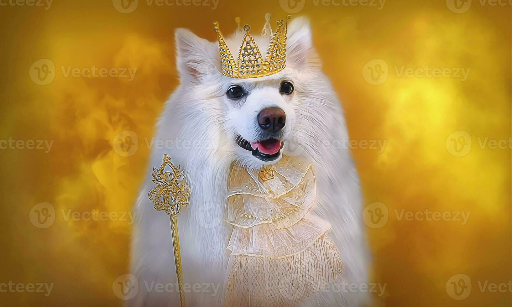 White fluffy king dog Japanese Spitz Simba in a crown and a golden jabot on yellow background royal style photo