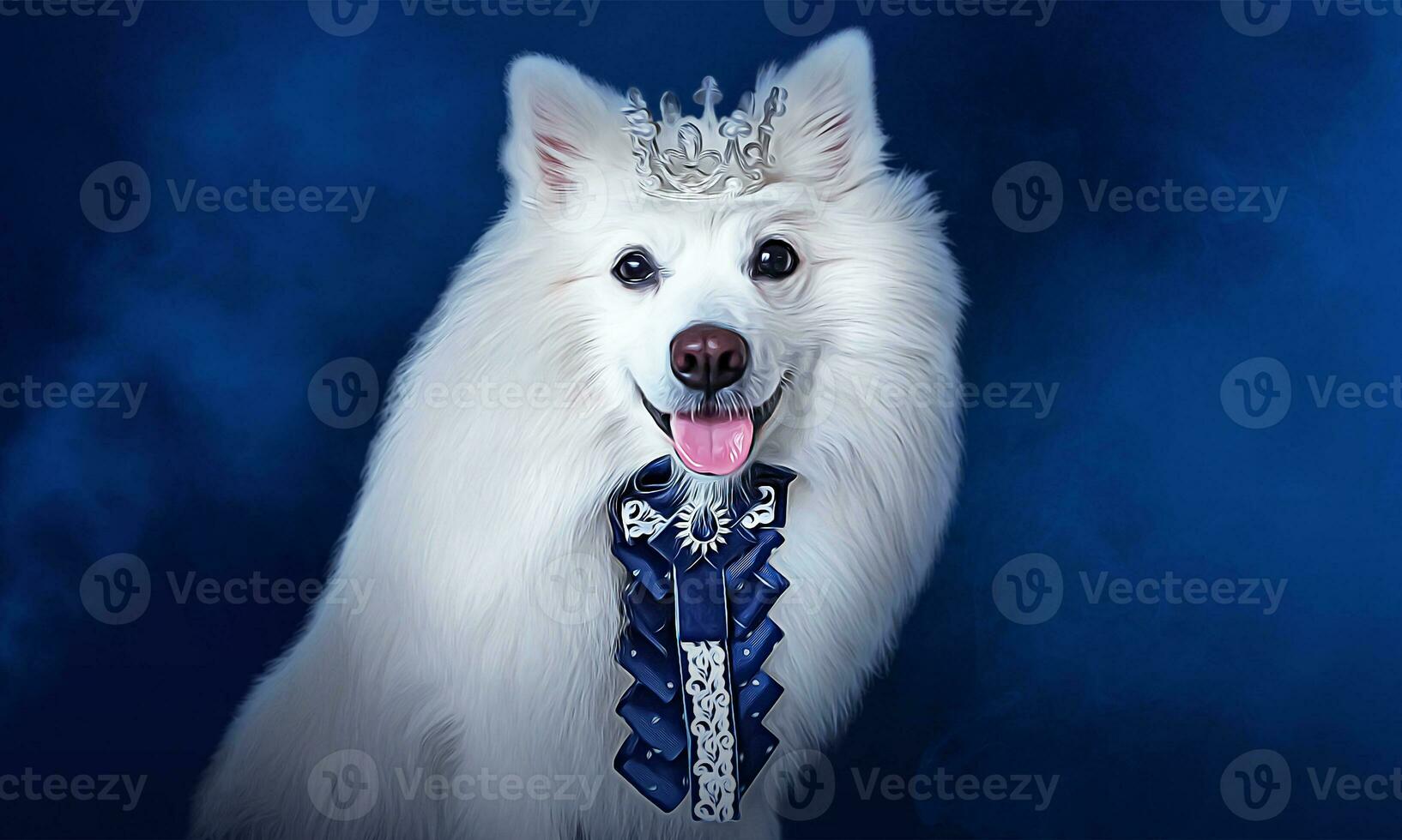 White fluffy king dog Japanese Spitz Simba in a crown and a blue jabot on blue background royal style photo