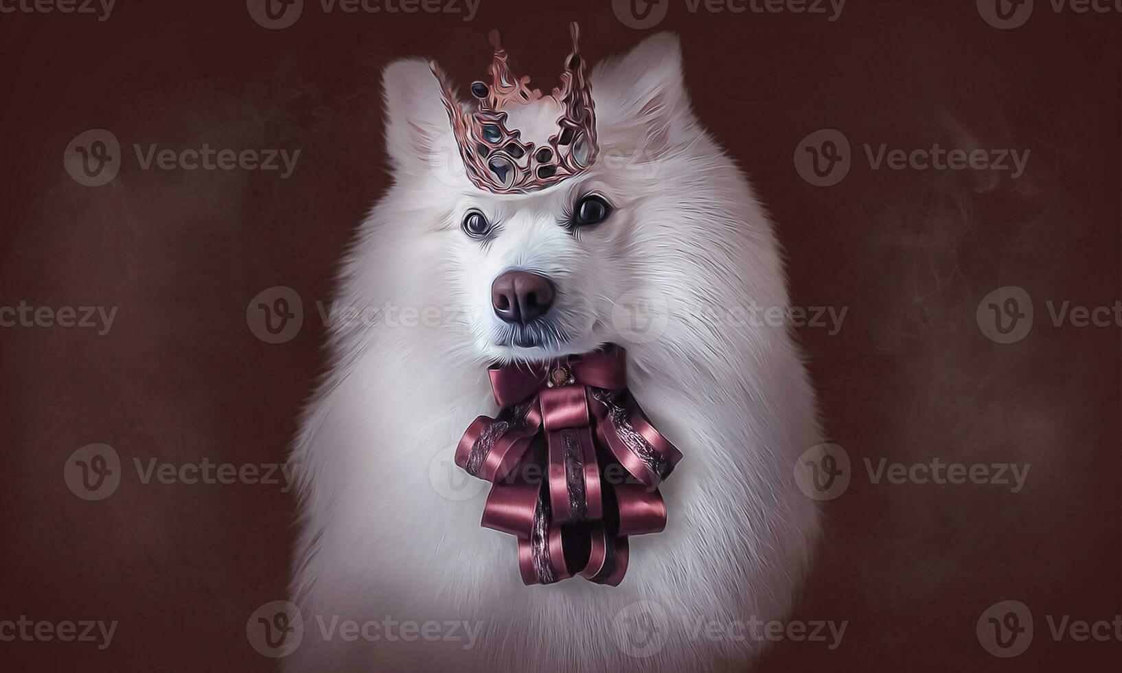 White fluffy king dog Japanese Spitz Simba in a crown and a brown jabot on burgundy-brown background royal style photo