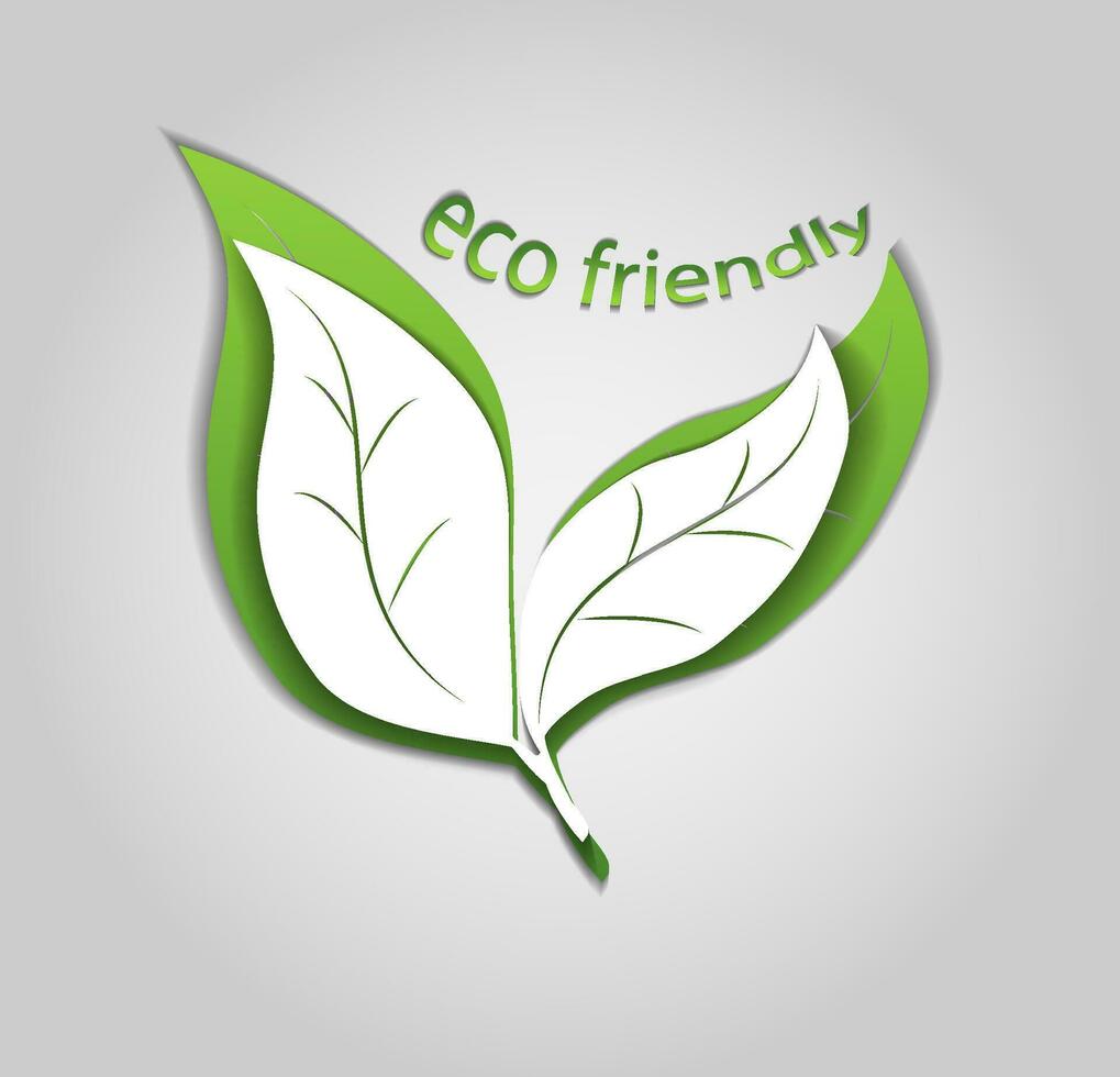 Eco friendly green logo on a white background with green leaves in paper cut style. The concept of green ecology, clean ecology, environmental friendliness of products, eco friendly vector