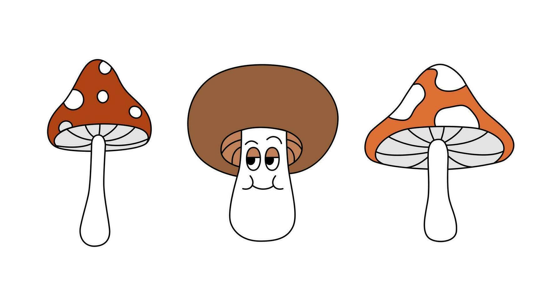 Retro 70s groovy mushrooms set. Amanita or fly organic and porcini with a satisfied face. Cartoon isolated vector illustration