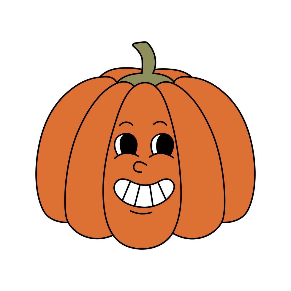 Retro 70s groovy happy pumpkin character with a wide smile. Vegetable mascot with emotional face. Cartoon isolated vector illustration