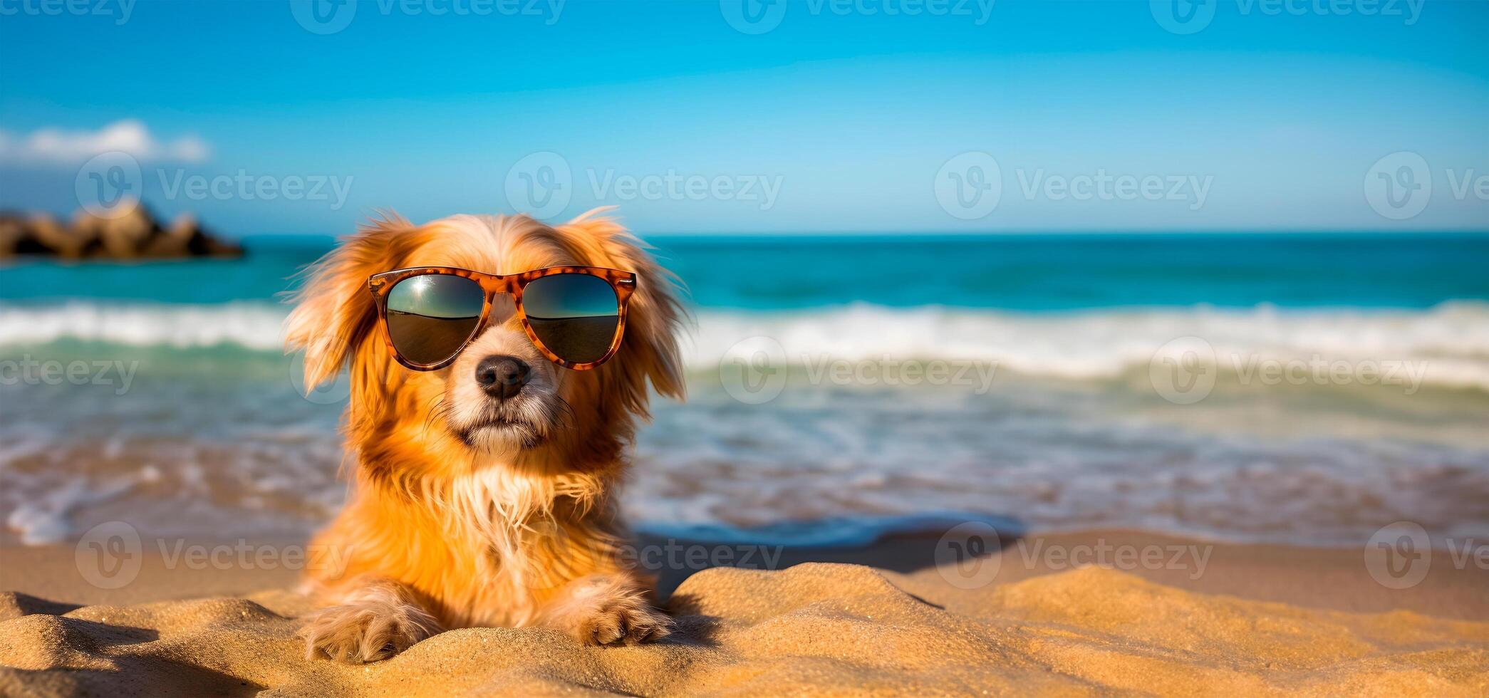 Cute dog in sunglasses is laying on the beach near the sea. Summer background with copy space. photo