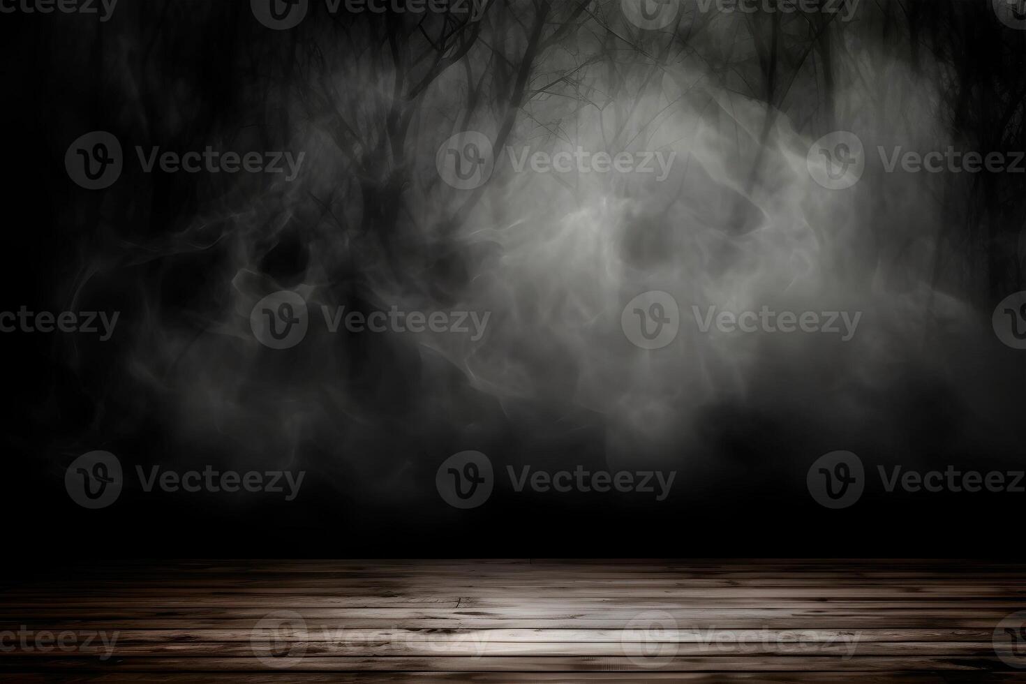 Grunge dark background. Wall of fog and wooden floor. photo
