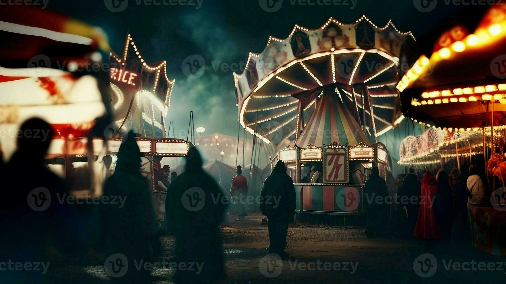 horror scenes at circus games, dilapidated carnival with twisted rides and haunting carnival perform photo