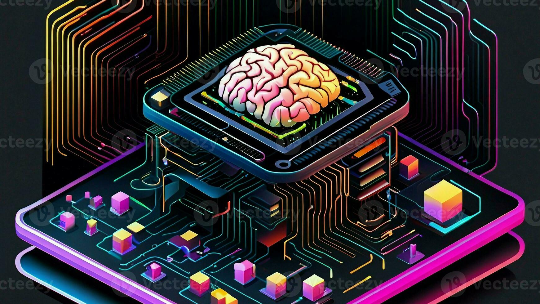 isometric illustration of human brain and AI technology photo