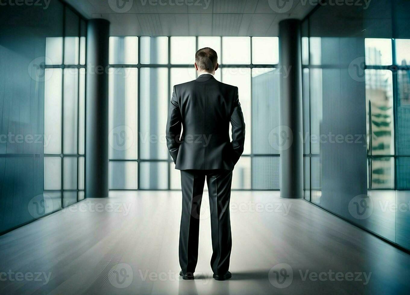 Businessman in a suit captured from behind. Leader style makes important decisions photo
