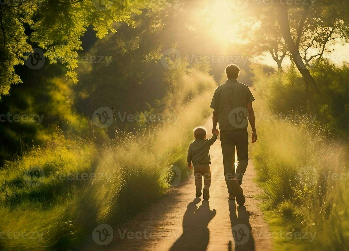 A man walks with his children on a path with the sun shining, fathers day concept photo