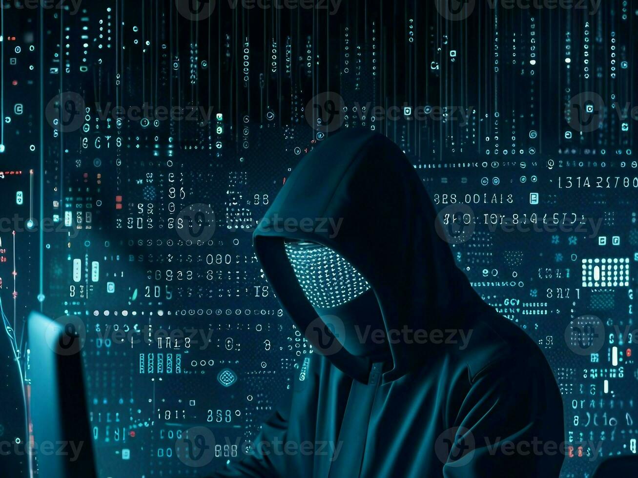 Hooded computer hacker in the shadow with binary codes photo