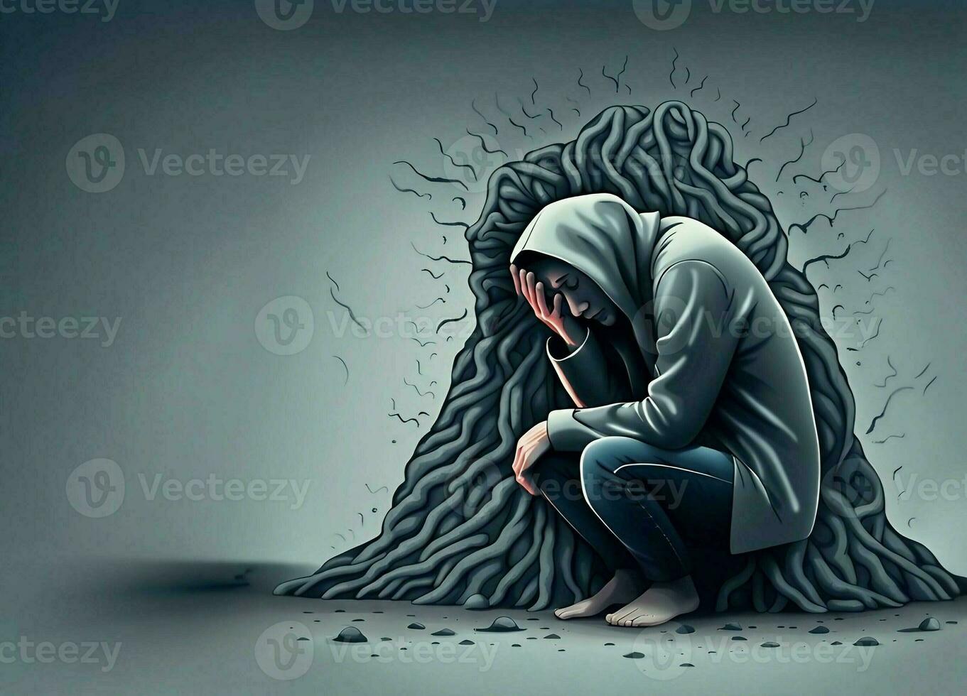 Concept of depression and mental health issues, depicting a person appearing sad and slumped. stressed and tired of living life photo