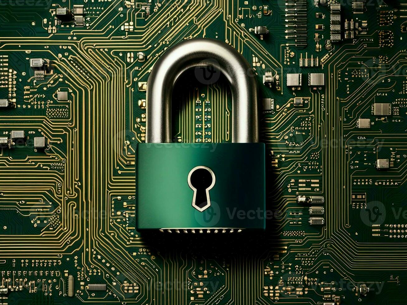 Cybersecurity concept depicting a padlock on top of a microchip board photo
