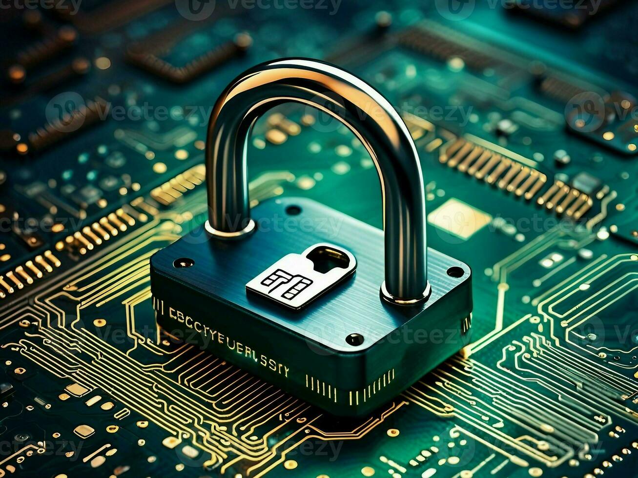 Cybersecurity concept depicting a padlock on top of a microchip board photo