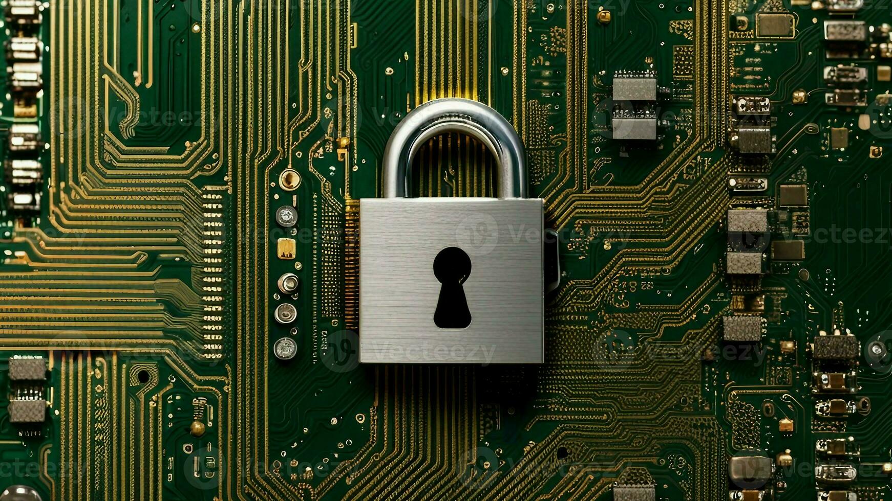 Cybersecurity concept depicting a padlock on top of a microchip board photo