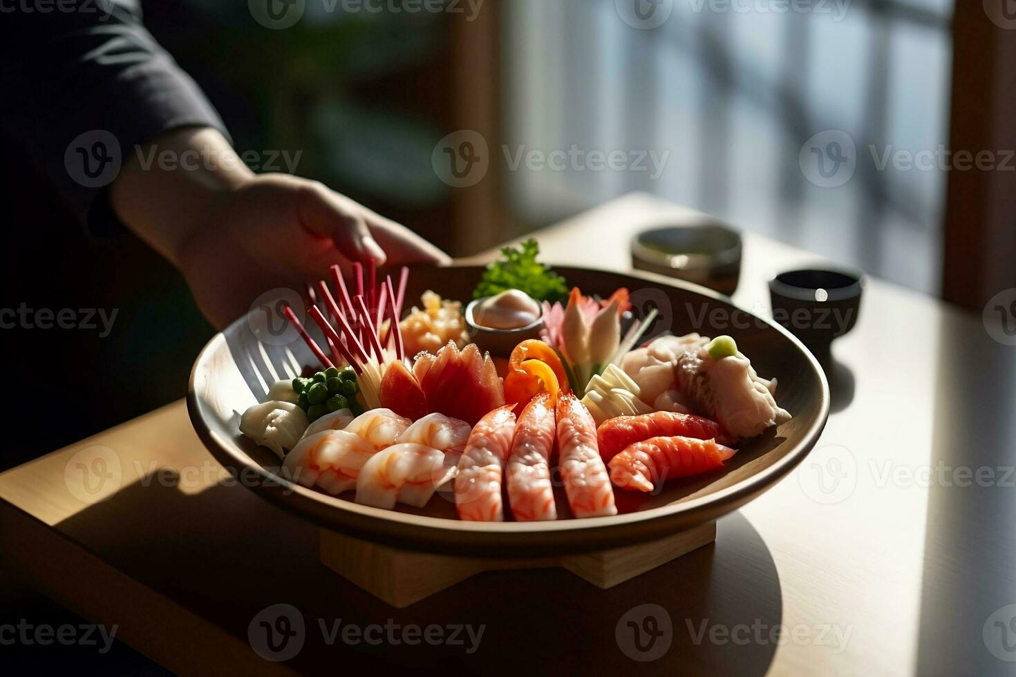 a person holding a sashimi plate with shrimp and vegetables on it inside a Japanese restaurant photo