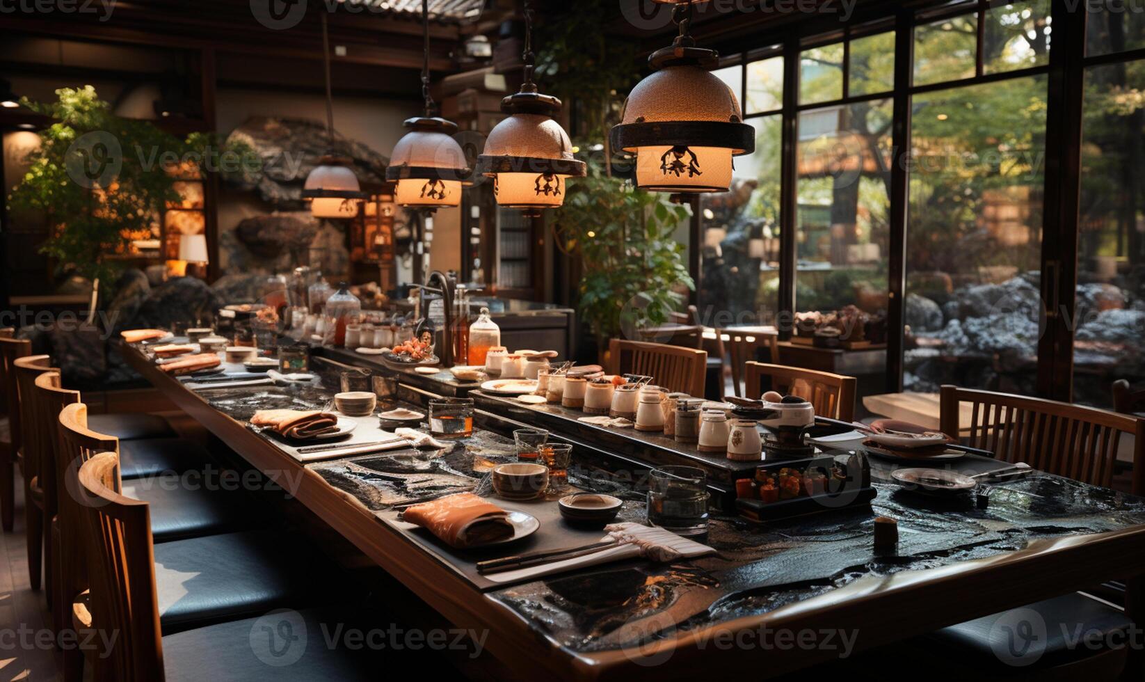 Japanese restaurant. tables in a classic style traditional Japanese style restaurant. AI Generated photo