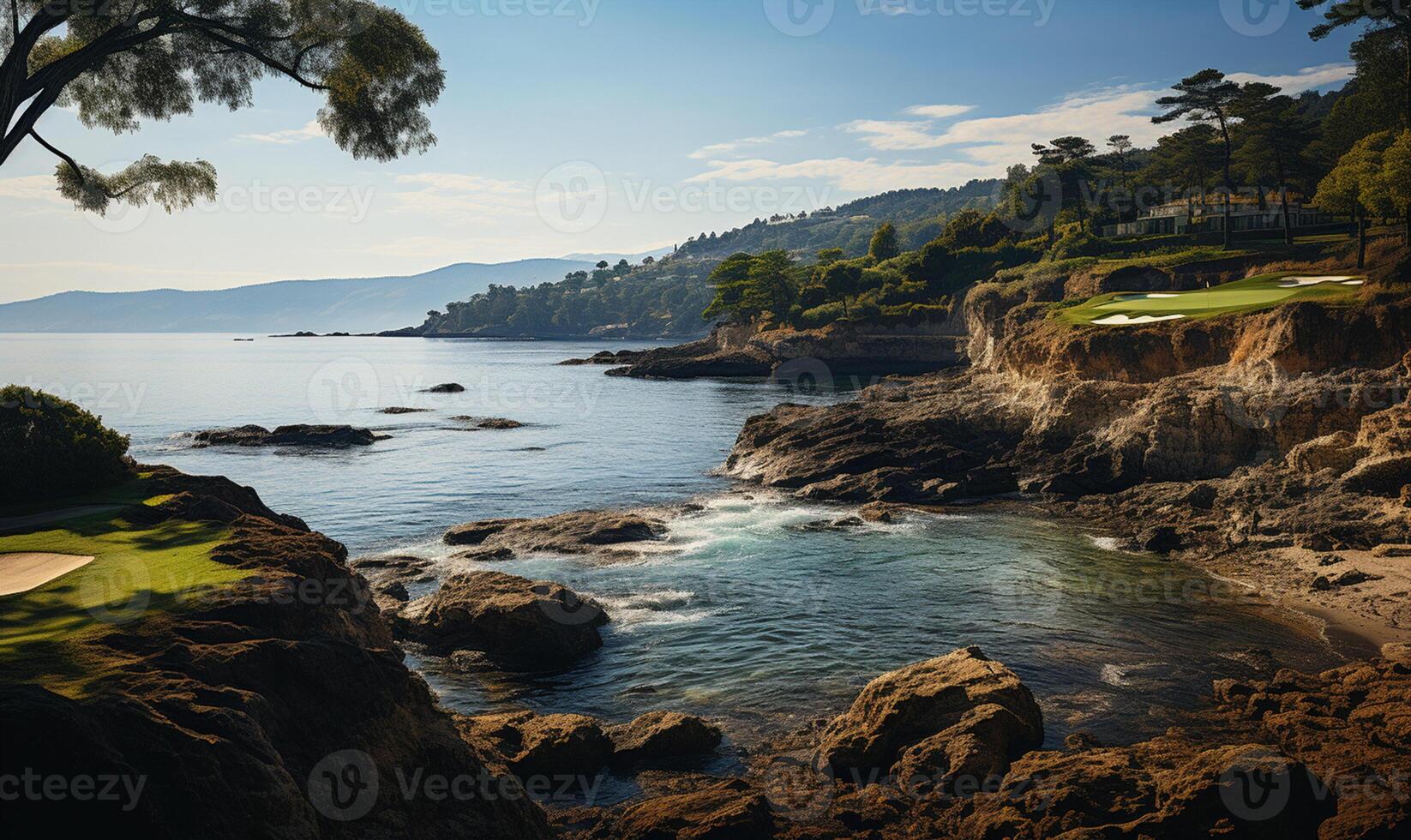 A resort golf course by the ocean, on a beautiful sunny day. photo