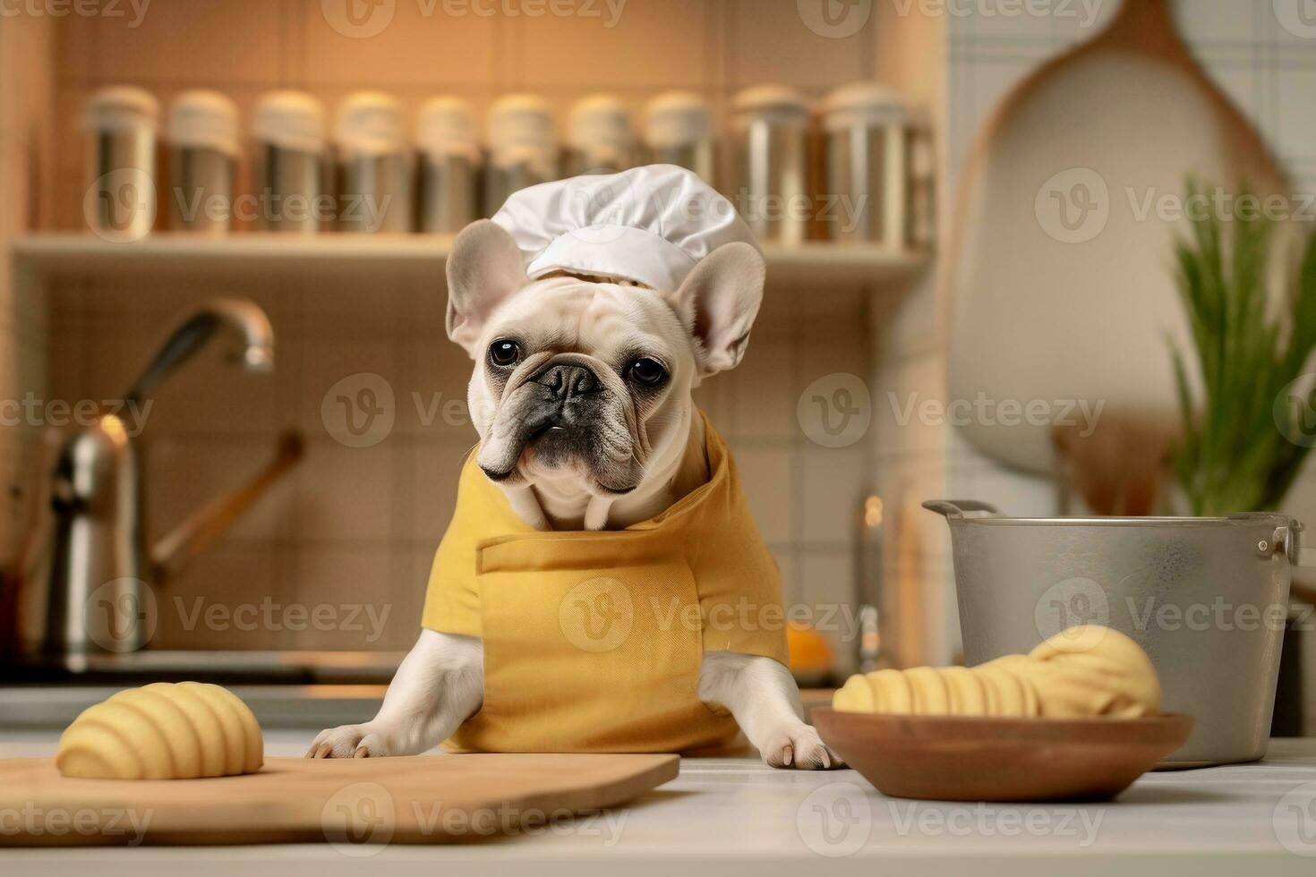 An adorable chef dog wearing a stylish chef's hat sits cooking bread on a wooden table inside a kitchen photo