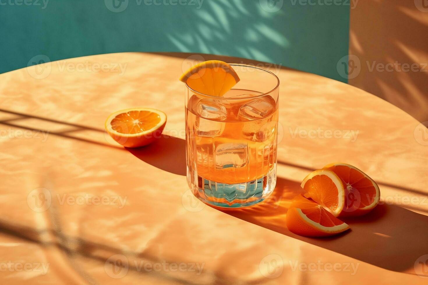 A crystal clear glass of refreshing Spritz cocktail on top of a wooden table filled with fresh orange slices, summer refreshment photo