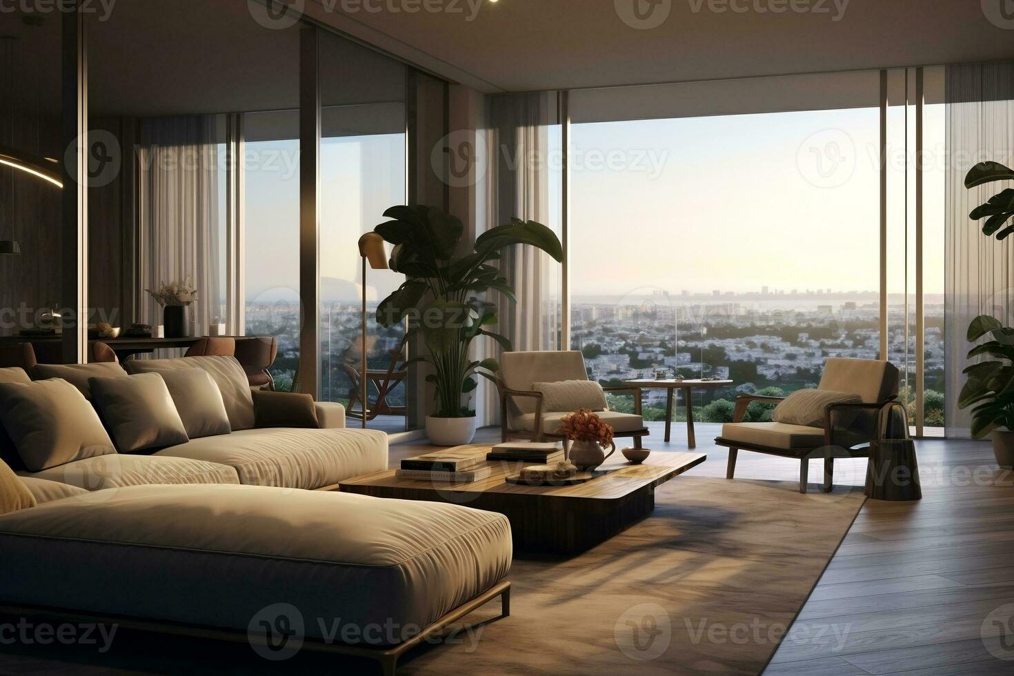 modern living room with a stylishly designed couch and accent chairs facing a large window, natural lighting, cozy atmosphere photo