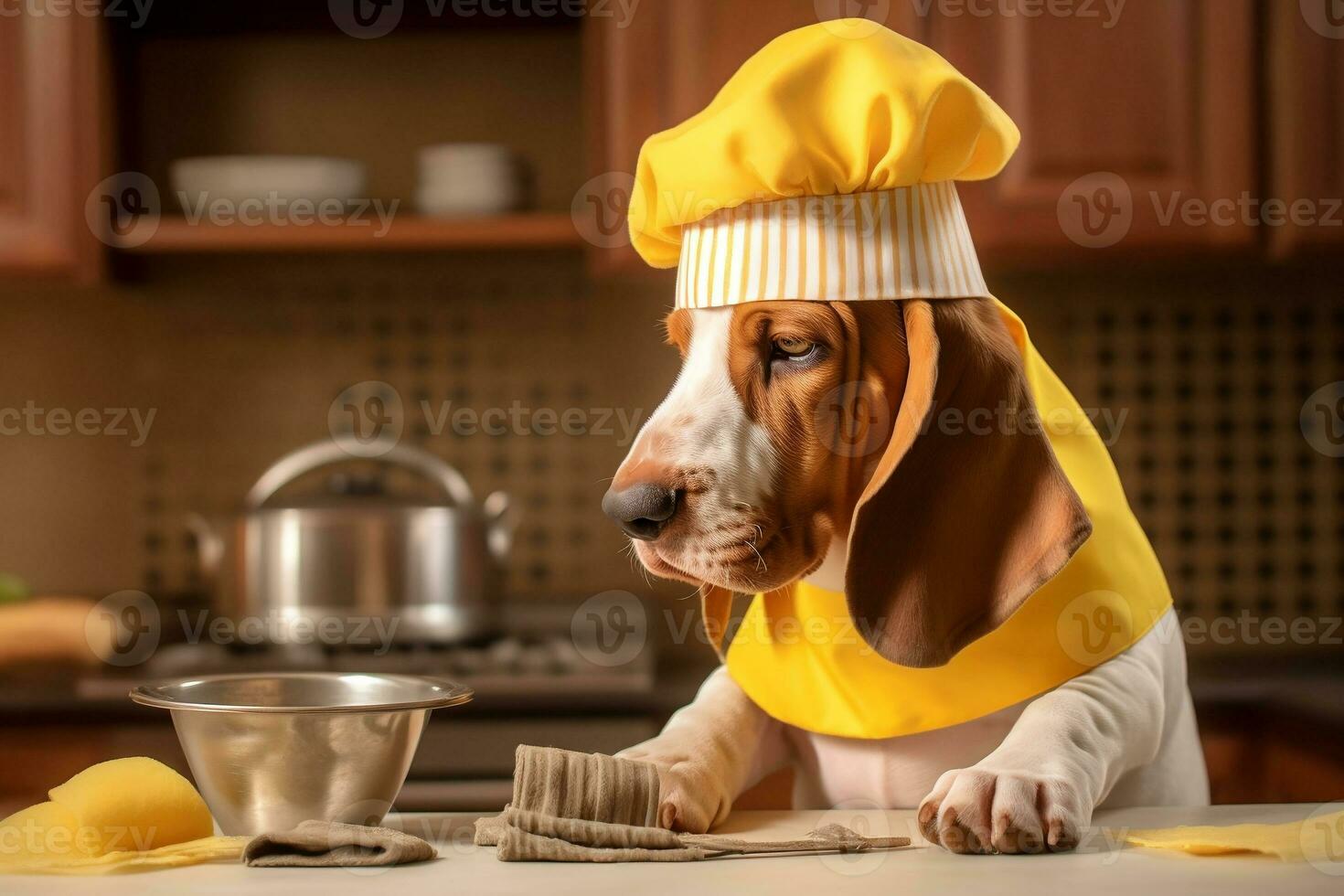 A brown and white Basset Hound dog wearing a white chef's hat stands on a kitchen countertop, prepping food for cooking photo