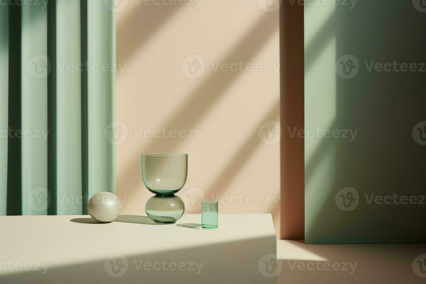 some green and beige set arts is displayed on a shelf podium in an empty room photo