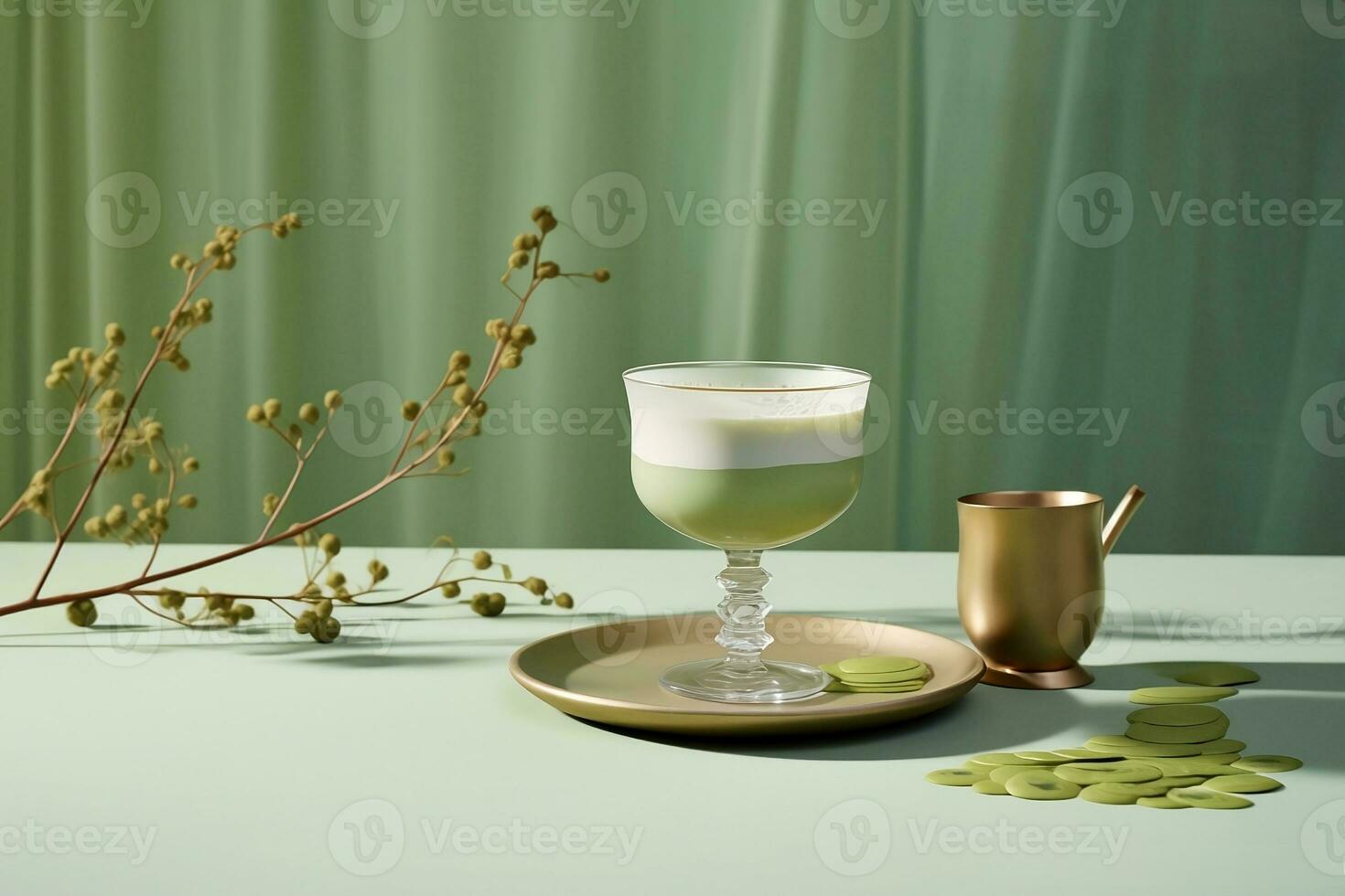 A refreshing matcha latte beverage with a golden cup resting alongside, perfect for any occasion photo
