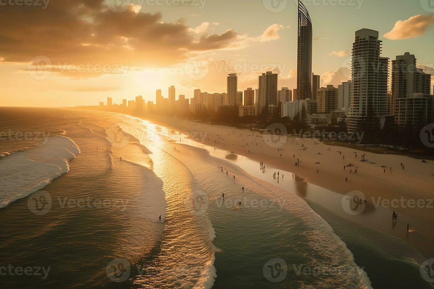 aéreo vista, oro costa surfistas paraíso playa a atardecer, panorámico foto