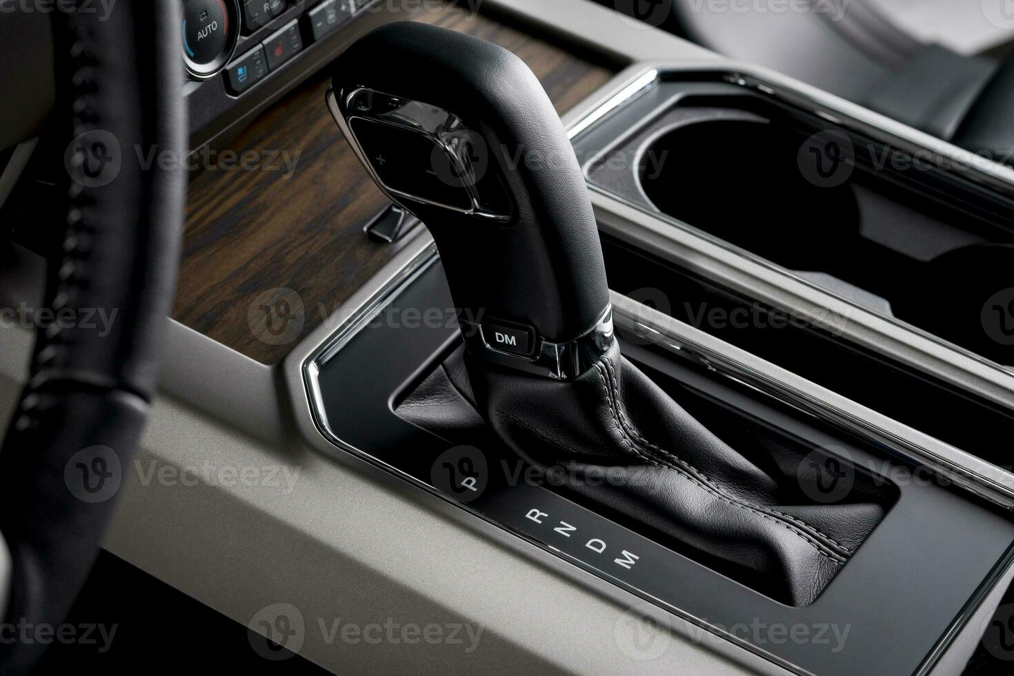 Car interior with automatic transmission, close up gear lever - luxurious details photo