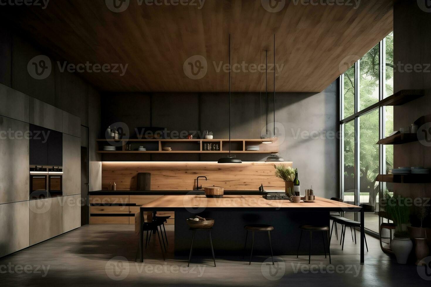 un contemporáneo de madera cocina espacio equipado con un variedad de armarios y piso, mucho de almacenamiento y pulcro estético foto