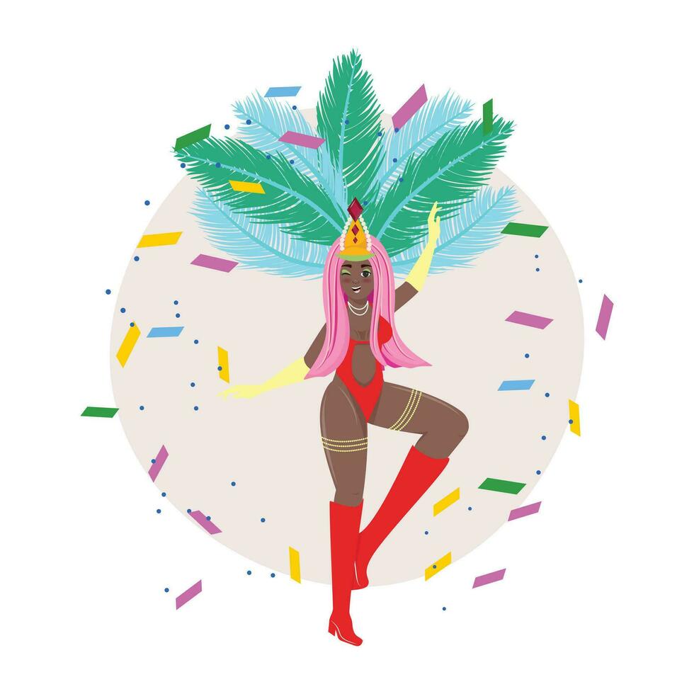 Brazilian black female dancer in beautiful costume. Samba dancer. vector