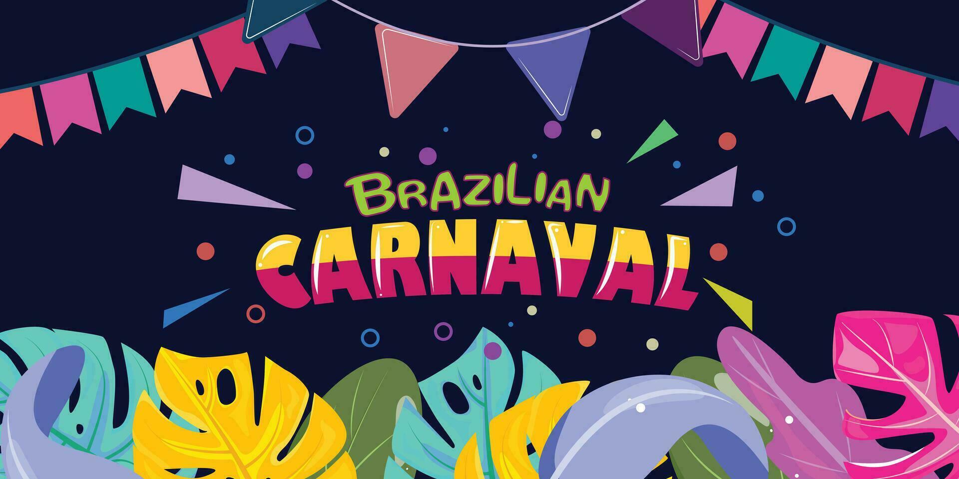 Brazilian Rio carnival party banner. National holiday poster with tropical leaves on dark purple background. vector