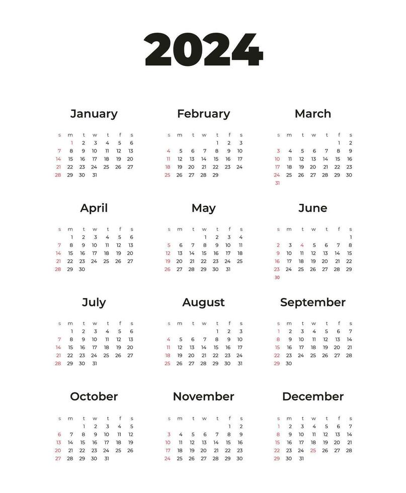Calendar 2024, week starts on Sunday, on white background, template, vector. vector