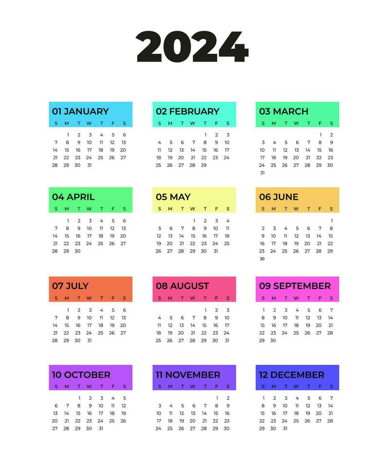 Calendar 2024, week starts from Sunday, on white background black text with colored strips, template, vector. bright design. vector