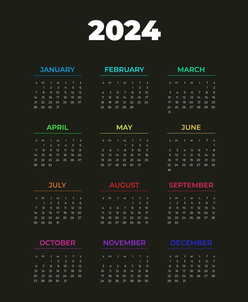 calendario 2024, semana empieza en domingo, blanco texto en negro fondo, color escritura mes, plantilla, vector. vector
