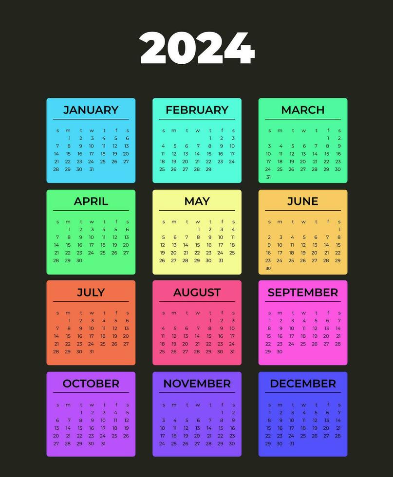 calendario 2024, semana empieza desde domingo, en negro antecedentes negro texto en de colores tiras, plantilla, vector. brillante diseño. vector