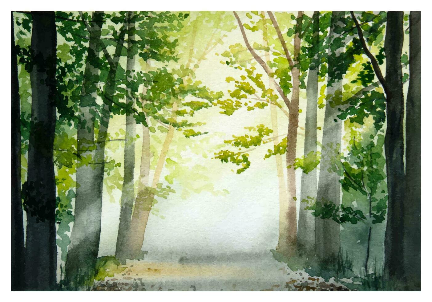 Watercolor green sunny alley with trees. Watercolor sunny woods. vector