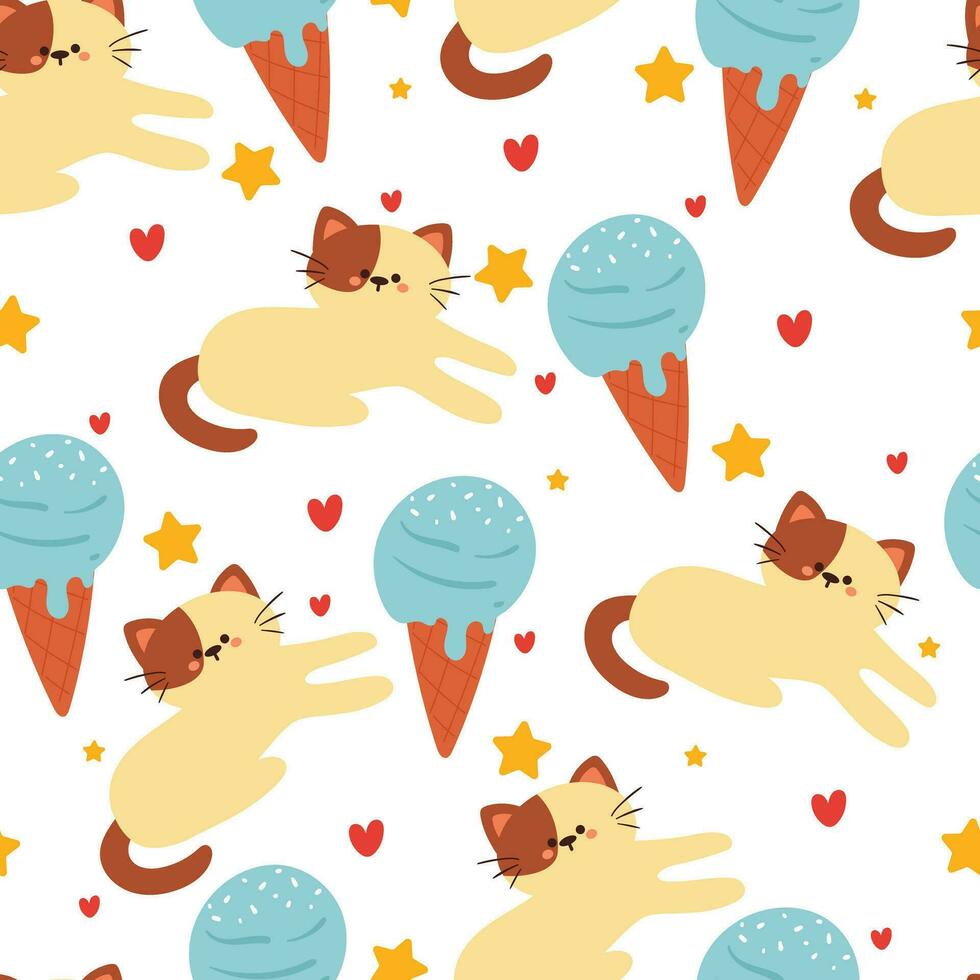 cute seamless pattern cartoon cat with cute dessert and stars. animal wallpaper for kids, textile, fabric print, gift wrap paper vector