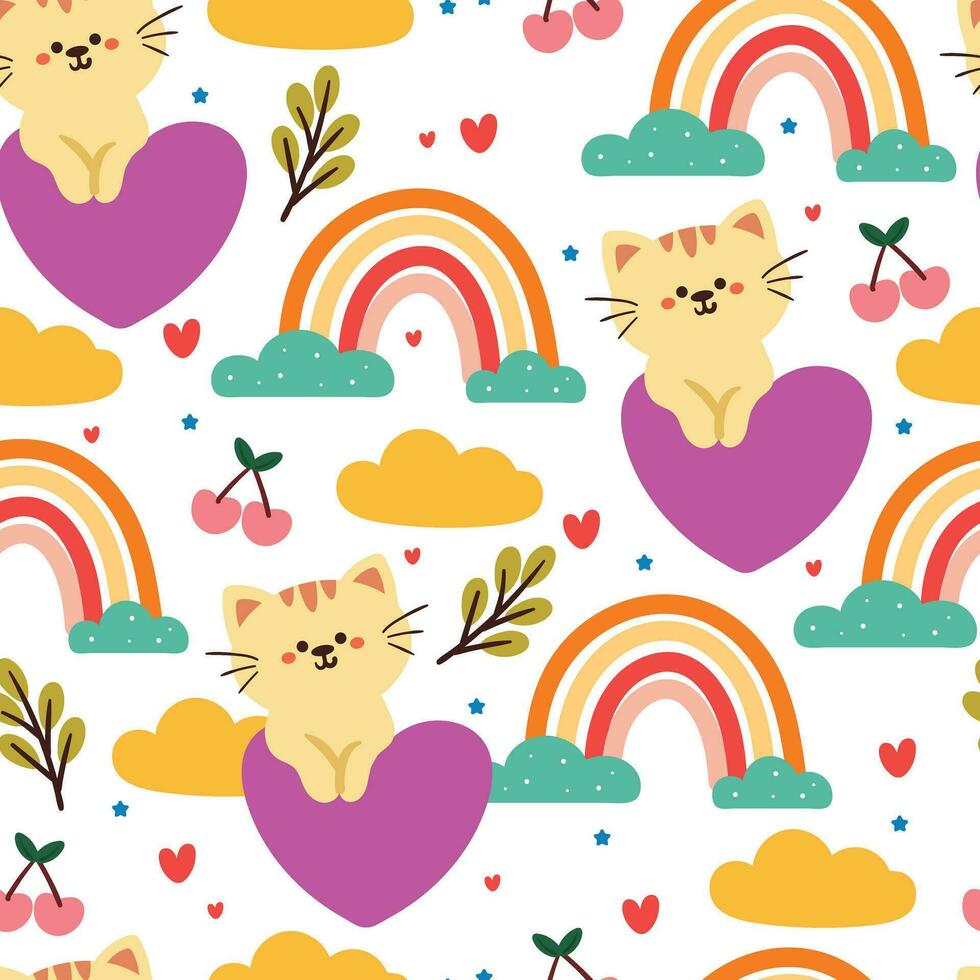 seamless pattern cartoon cat, purple heart and sky element. cute animal wallpaper for textile, gift wrap paper vector