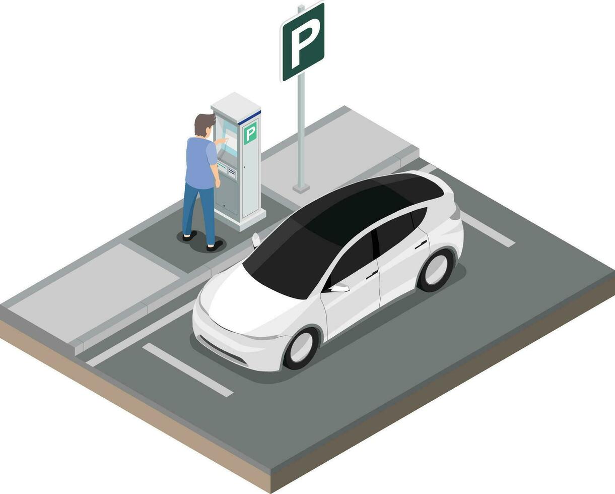 estacionamiento isométrica composición, hombre pagar estacionamiento gratis a máquina vector