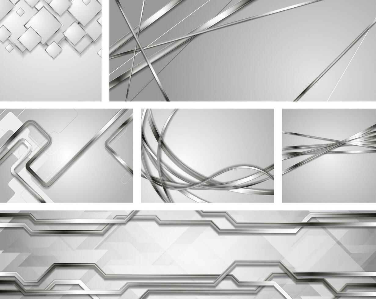 Set of grey silver metallic tech and wavy backgrounds vector