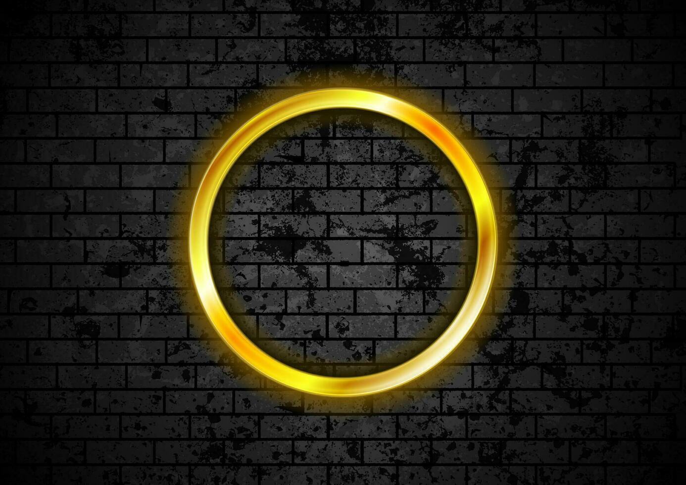 Glowing golden neon circle frame on brick wall vector