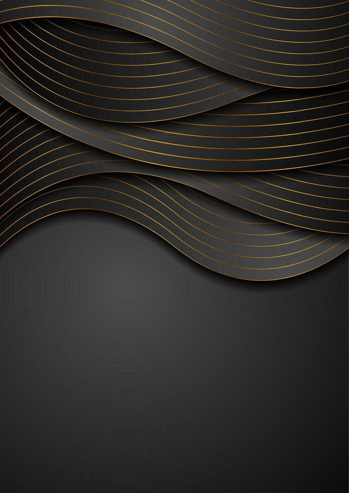 Black corporate wavy background with golden lines vector