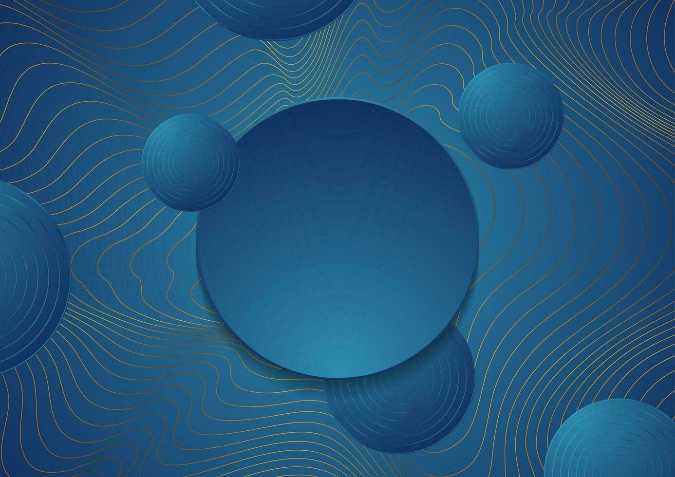 Golden curved waves and blue circles abstract background vector