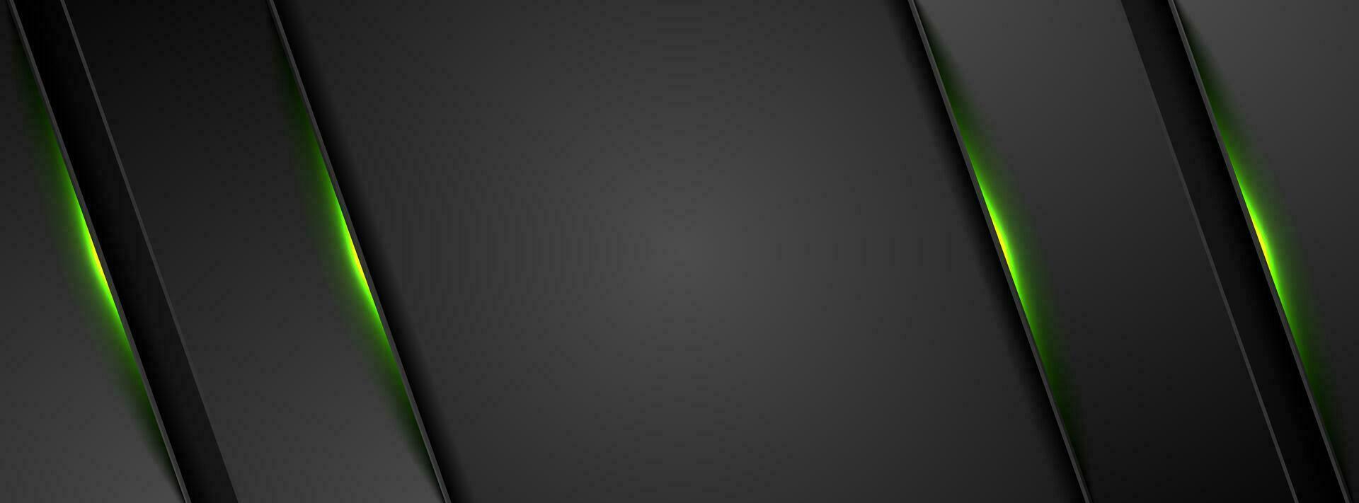 Black abstract tech background with green glowing light vector