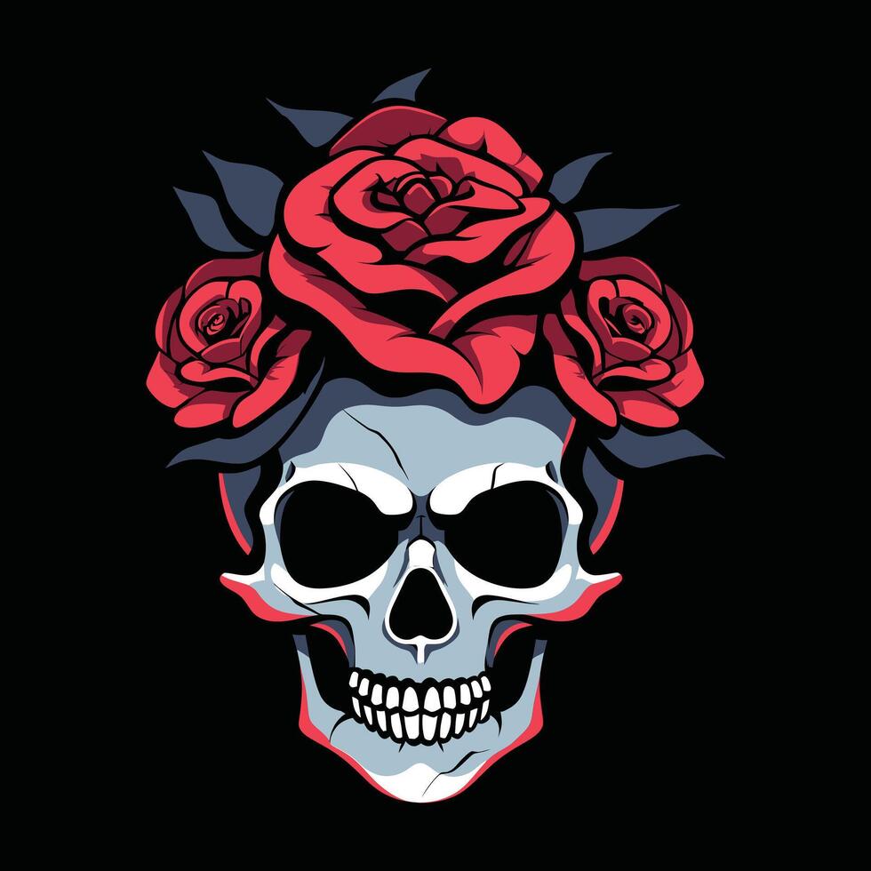 A human skulls with roses on black background vector