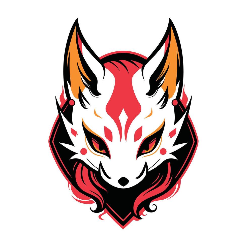 beautiful kitsune mask artwork with red an orange color. japanese mask vector