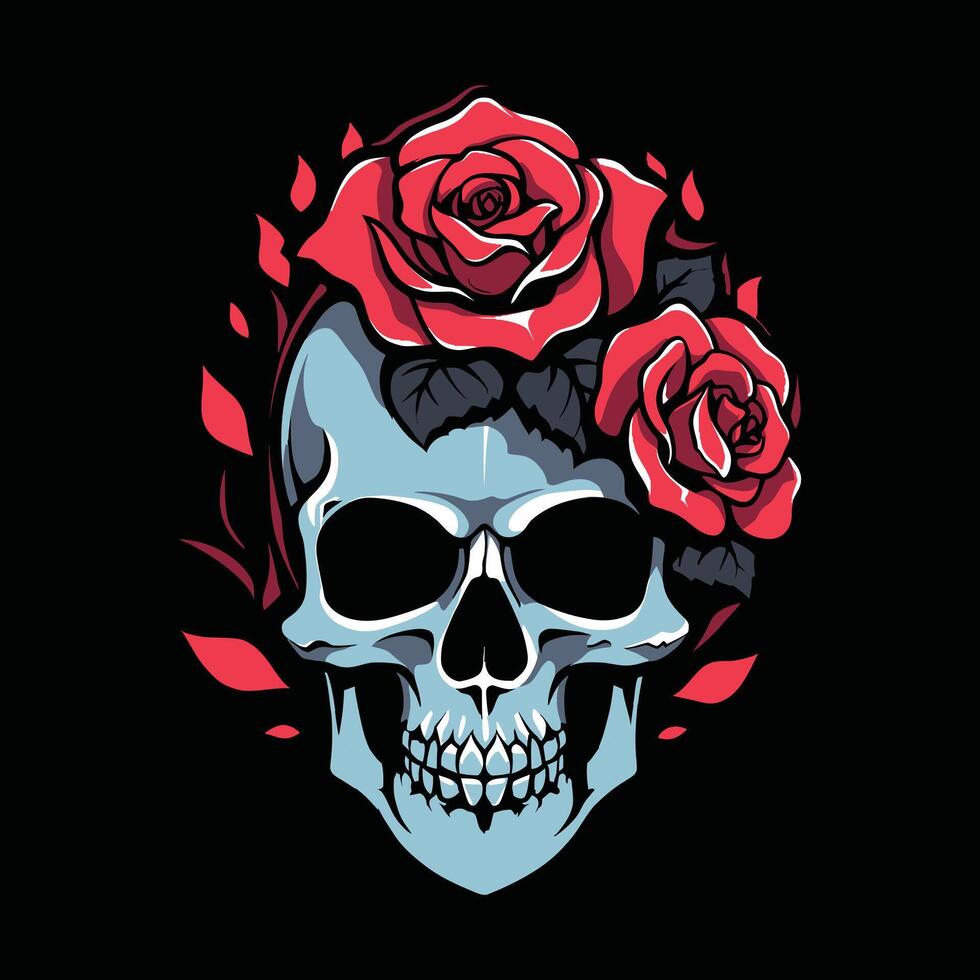 A human skulls with roses on black background vector