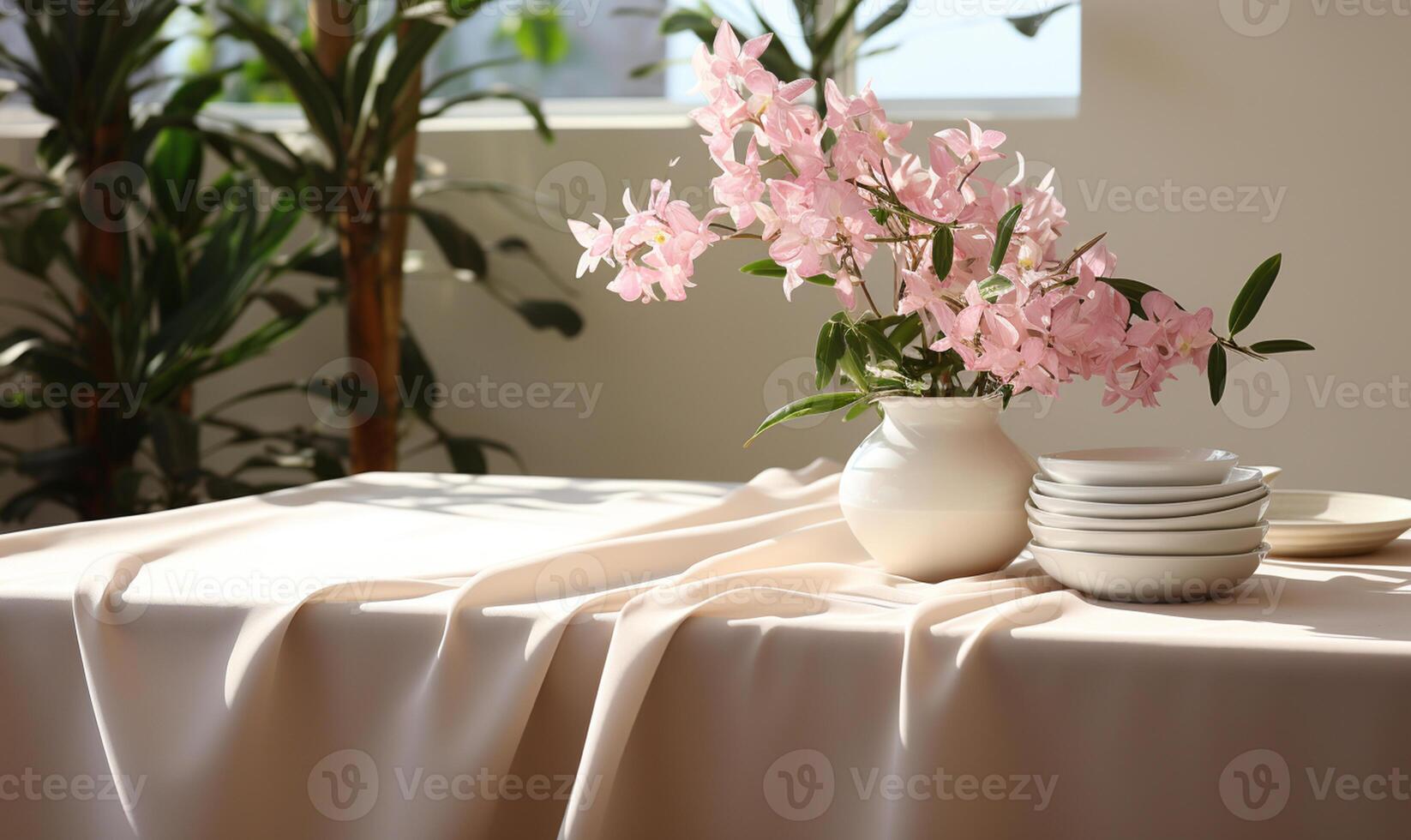 Soft beige cotton tablecloth on counter table photo